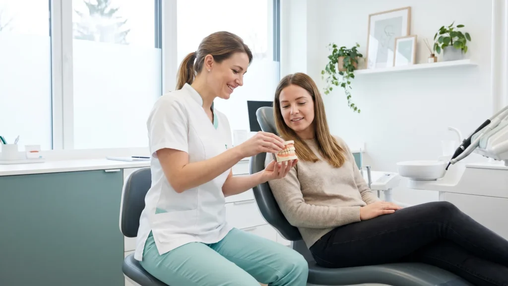 Dentiste présentant une couronne dentaire à un patient dans un cabinet lumineux