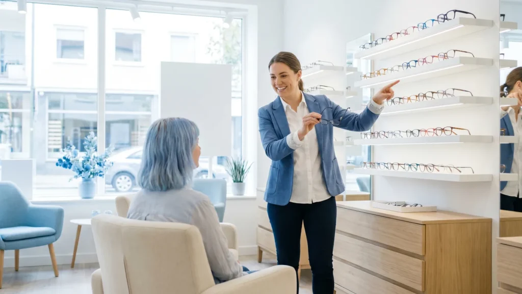 Opticien aidant une cliente à choisir des lunettes du panier 100 % santé