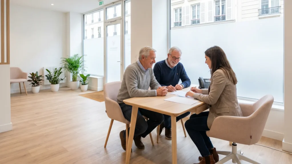 Conseiller présentant une complémentaire santé senior à un couple