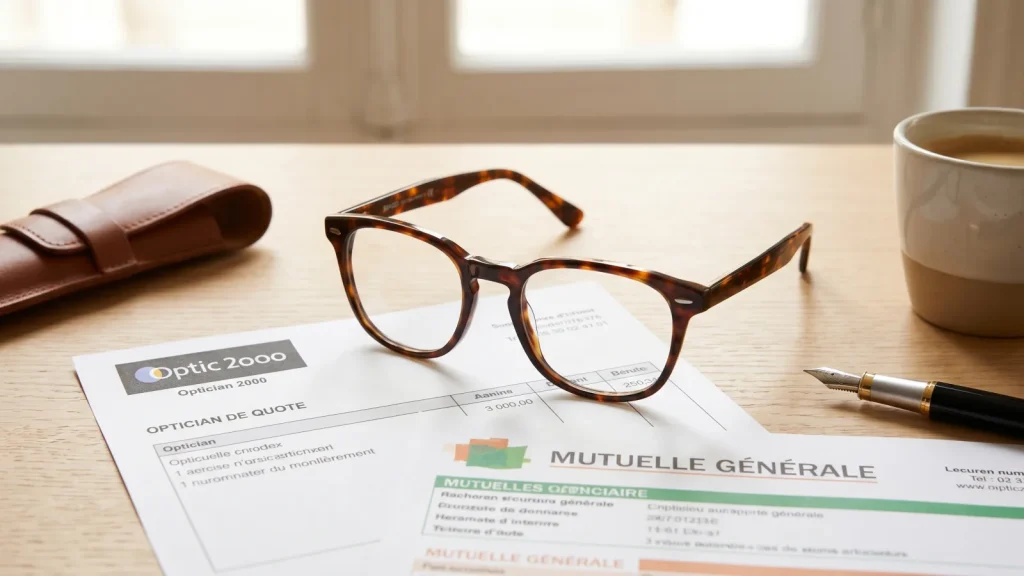 Lunettes posees sur un devis d opticien et des documents de mutuelle sante