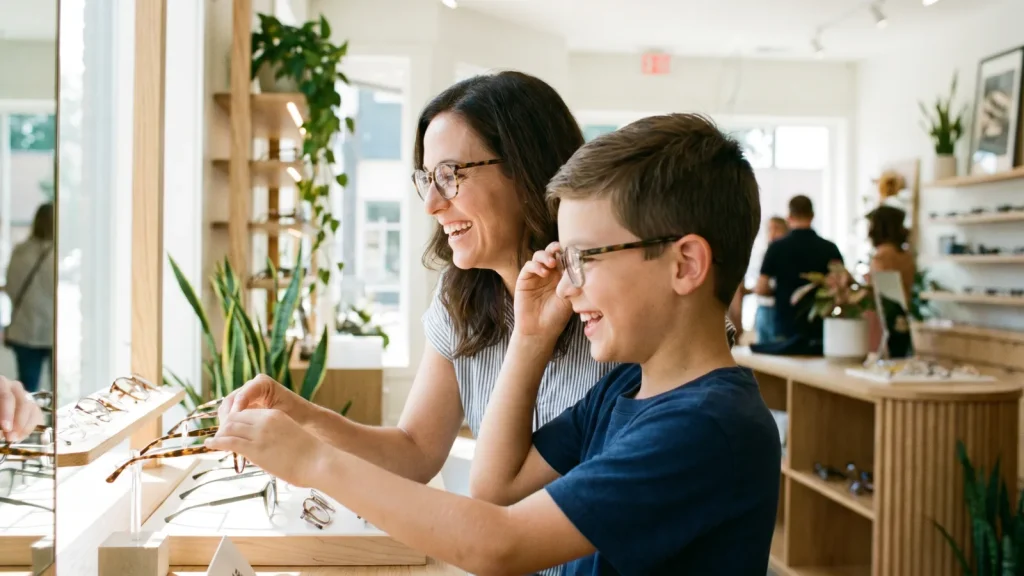 Famille choisissant des lunettes dans un magasin d optique