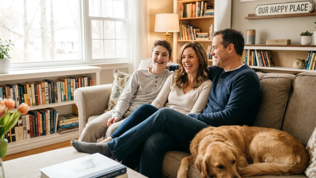 Famille protégée par une bonne mutuelle dentaire