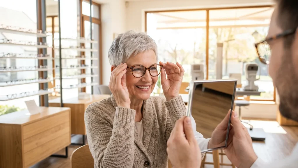 Femme senior essayant des lunettes chez un opticien