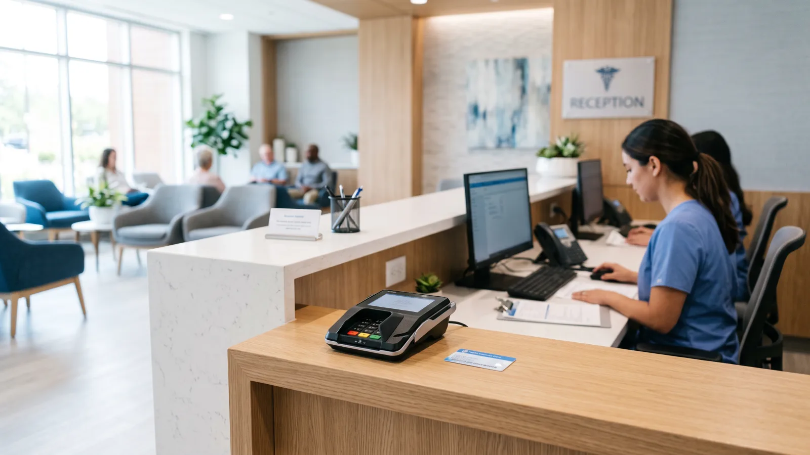 Accueil de cabinet medical avec une carte de complementaire sante sur le comptoir