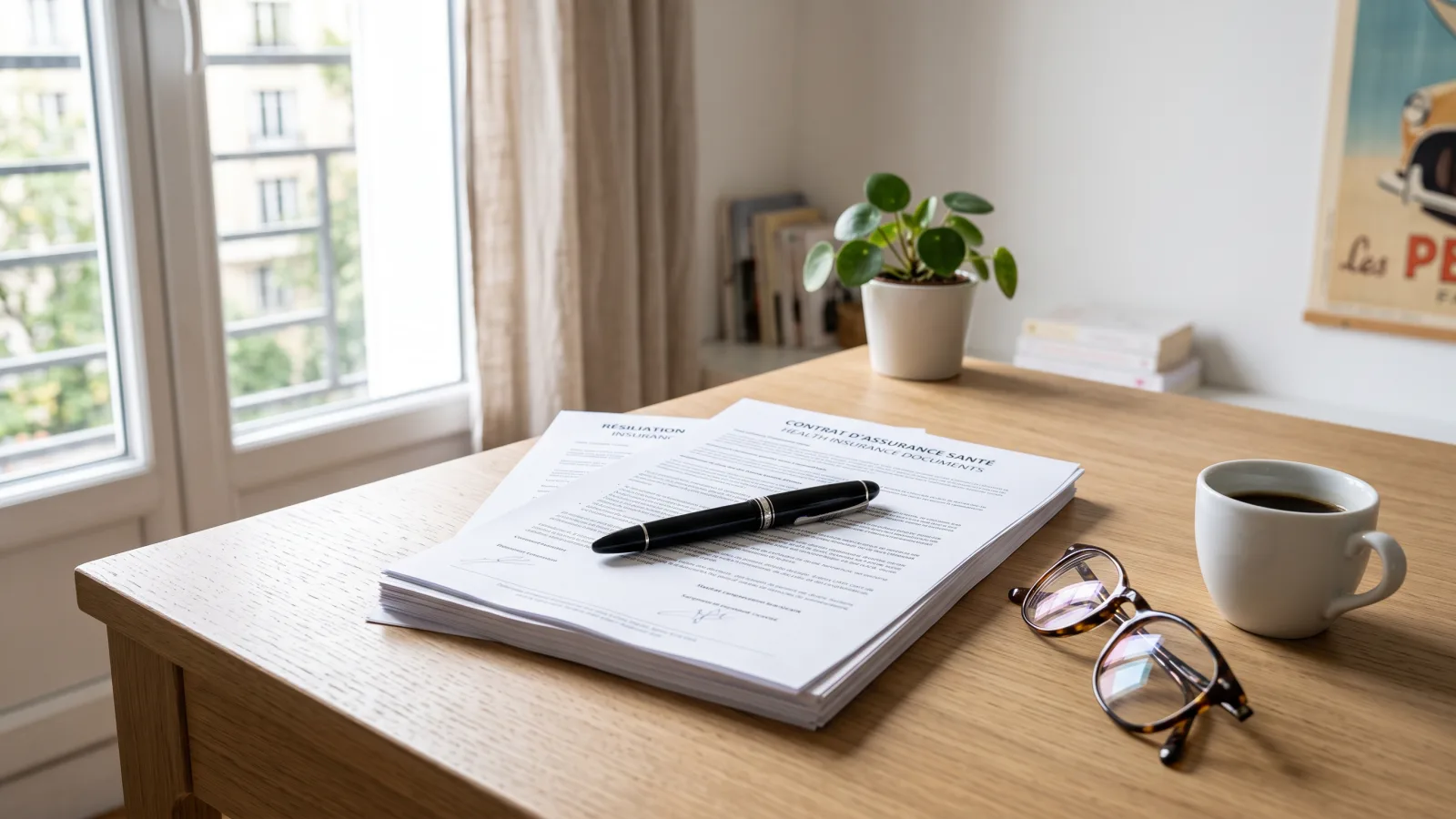 Lettre de resiliation de mutuelle et documents de complementaire sante poses sur un bureau