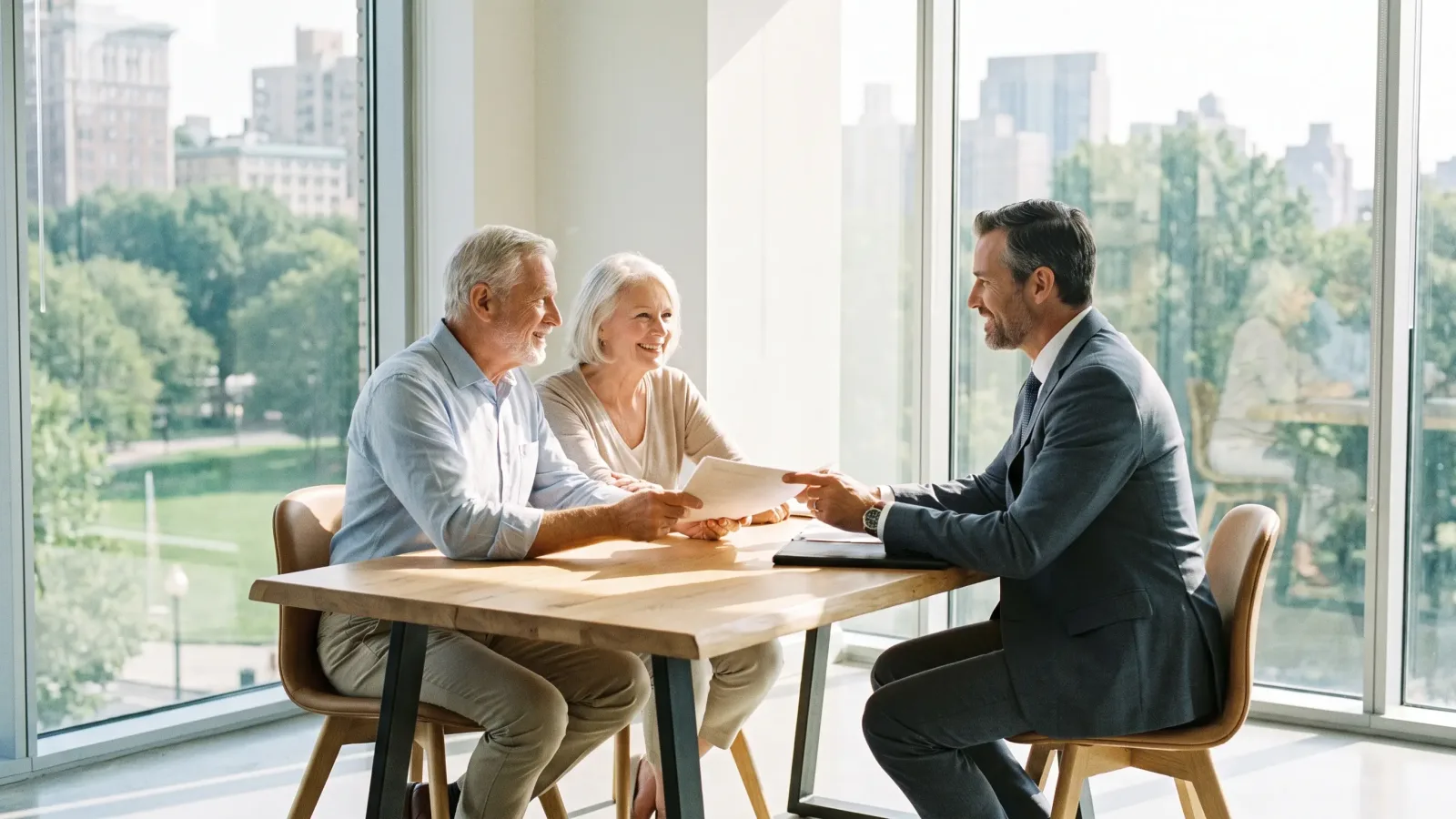 Couple de seniors choisissant une assurance décès avec un conseiller