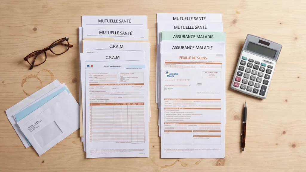 Documents de mutuelle santé et calculatrice sur un bureau