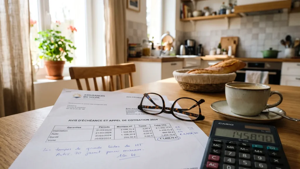 Avis d echeance de mutuelle 2026 pose sur une table avec une calculatrice