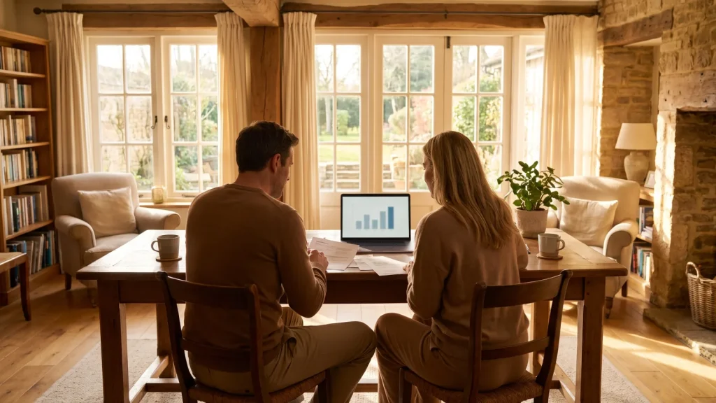 Couple examinant ses documents de complementaire sante a domicile