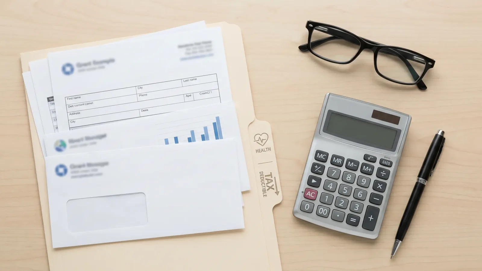 Documents de mutuelle et calculatrice illustrant la déduction fiscale loi Madelin