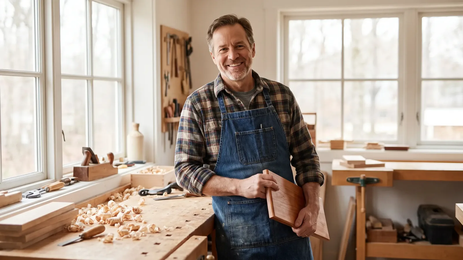 Artisan indépendant serein dans son atelier, protégé par sa mutuelle TNS