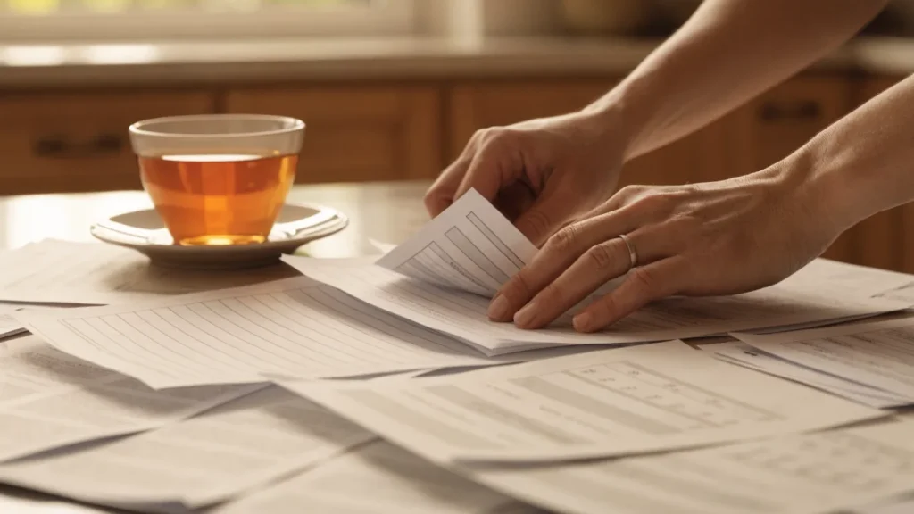 Mains examinant des documents de garanties de prévoyance sur une table