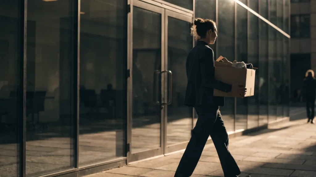 Personne quittant un immeuble de bureaux avec un carton d'affaires personnelles