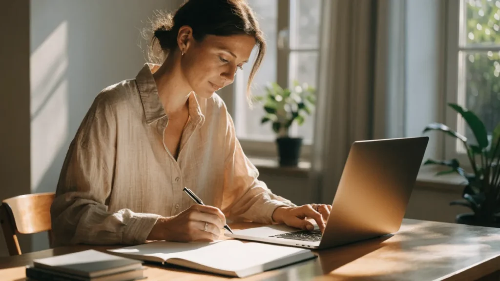 Travailleuse indépendante installée à son bureau à domicile